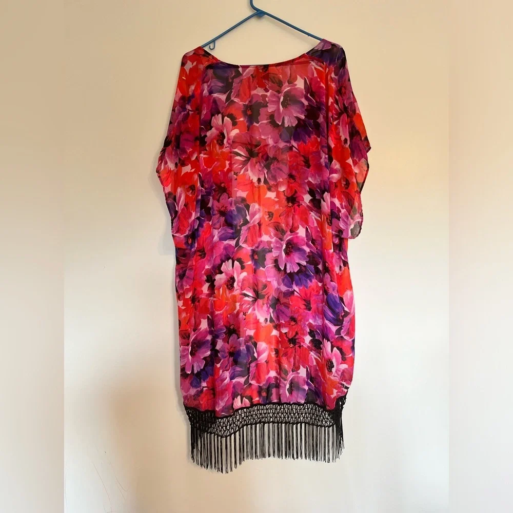Women's Catalina Kimono Cover Up Chiffon Floral Beach Short Sleeve Fringe Size M